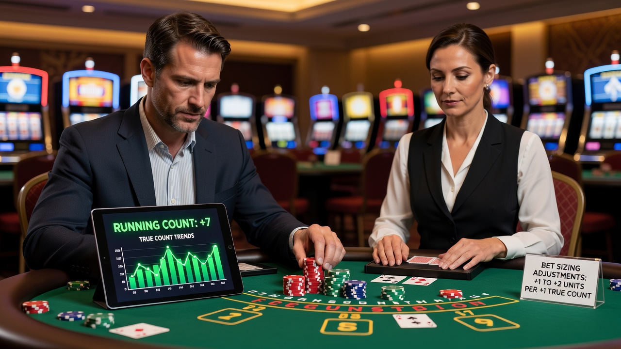 Close-up view of blackjack betting circles with varying chip stacks demonstrating count-based sizing