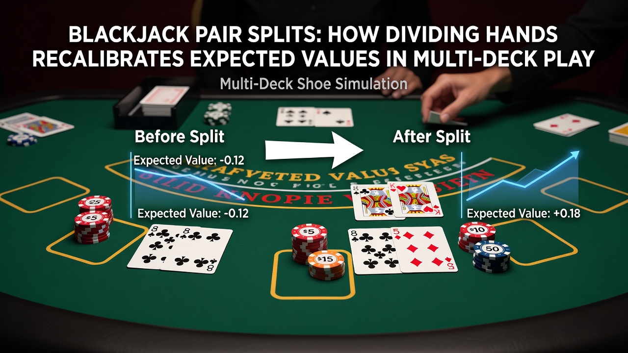 Close-up of blackjack chips and cards illustrating split hand outcomes in multi-deck settings