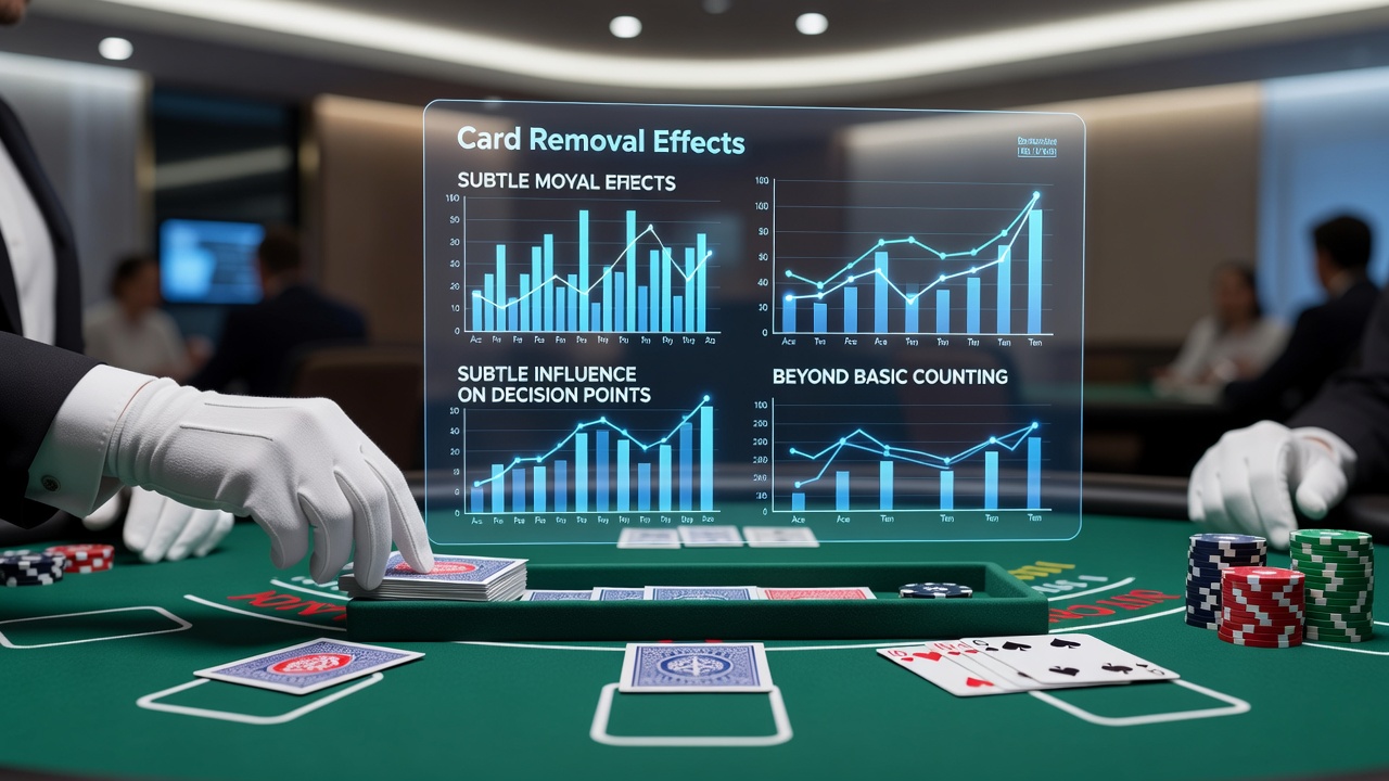 Close-up of blackjack cards being dealt with emphasis on removed ranks affecting strategy