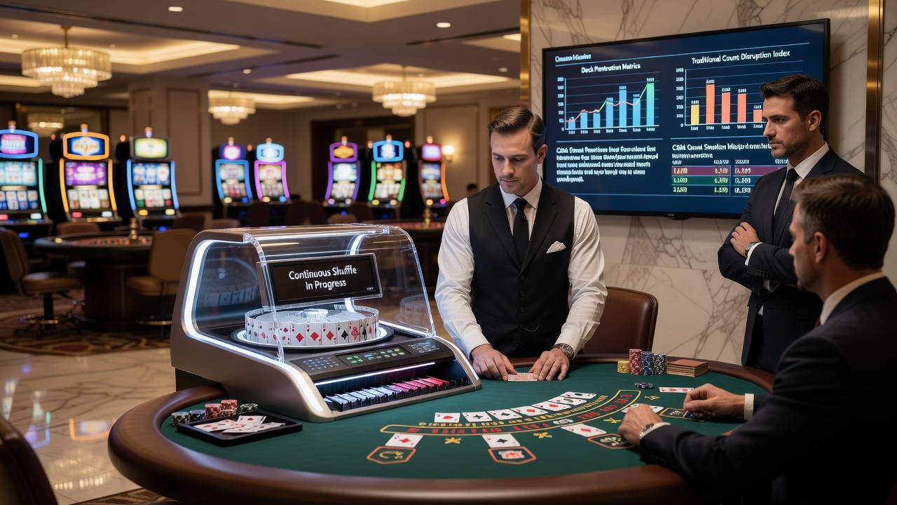 Close-up view of a casino dealer operating a continuous shuffler beside a blackjack layout