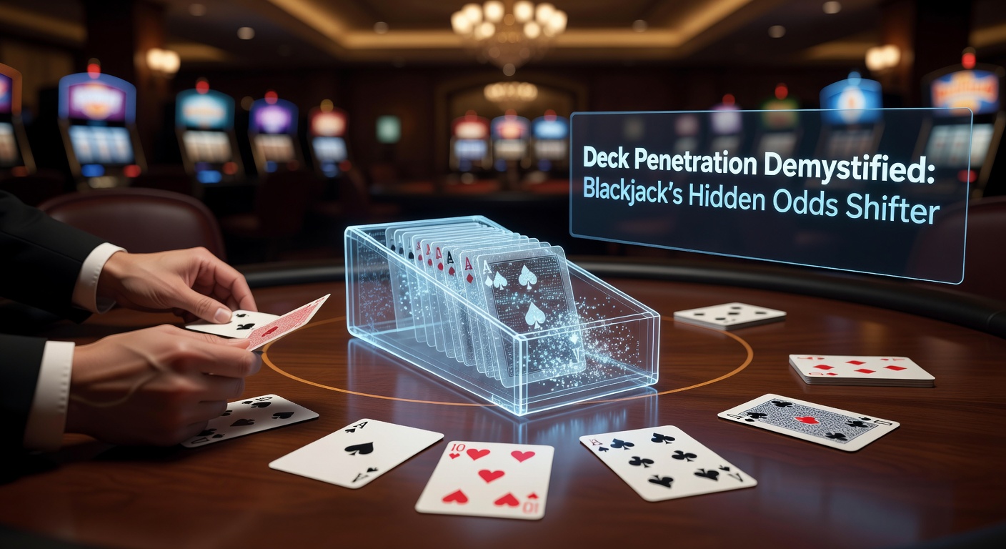 Illustration of a blackjack dealer shuffling cards in a multi-deck shoe, highlighting the penetration point where low cards remain undealt