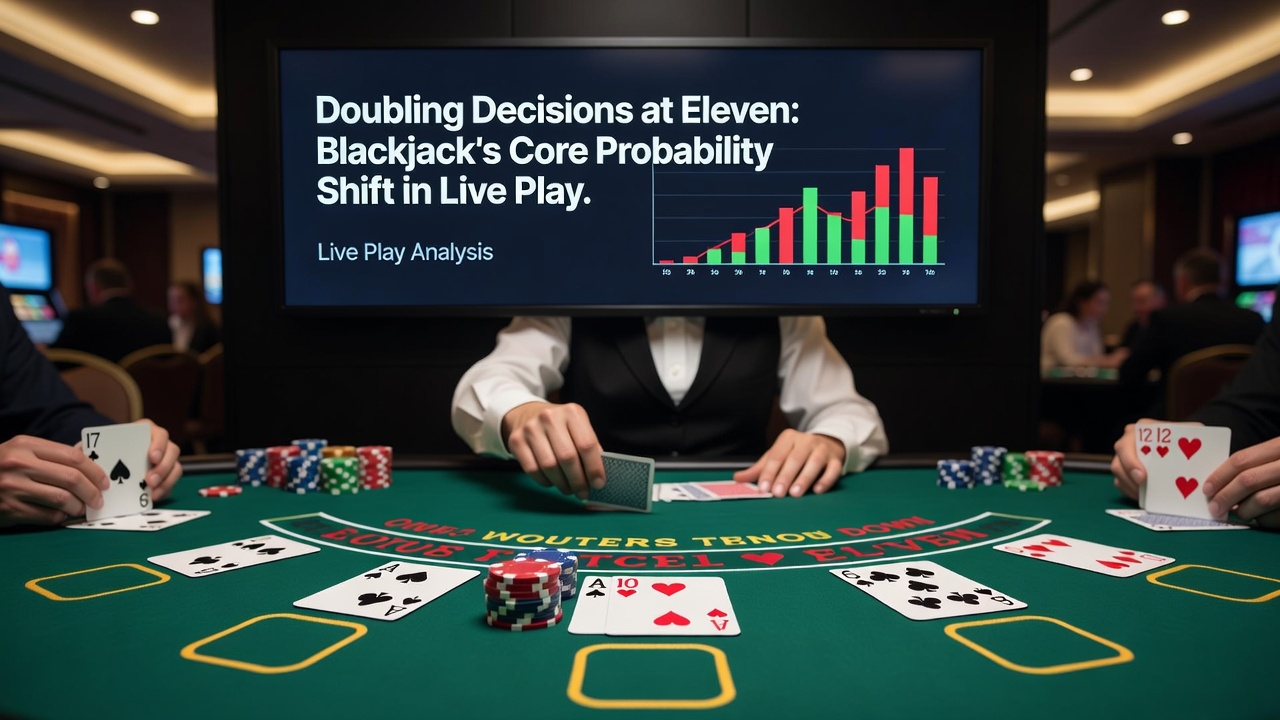 Close-up of blackjack chips and cards illustrating a doubled hand totaling eleven
