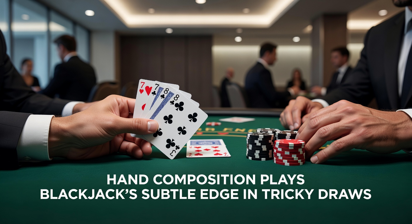 Blackjack table with cards showing a tricky hand composition like 10-6 against dealer 9