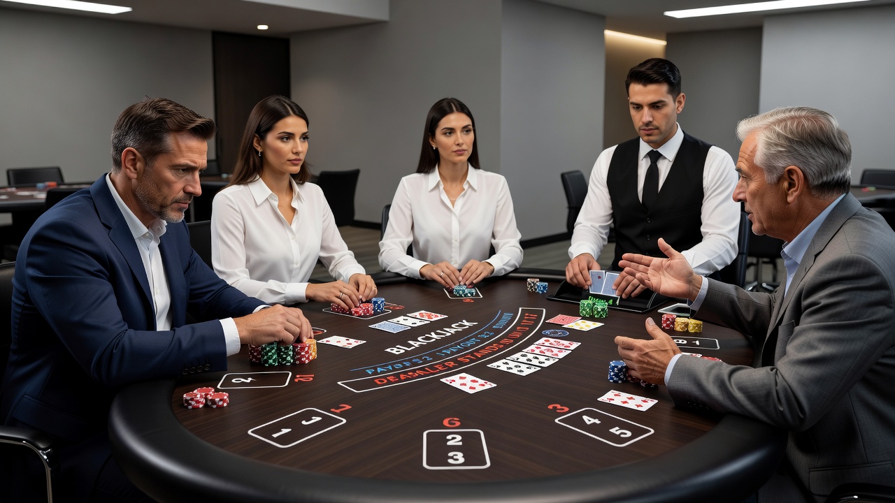 Close-up view of blackjack players at different table positions demonstrating varied body language and decision timing