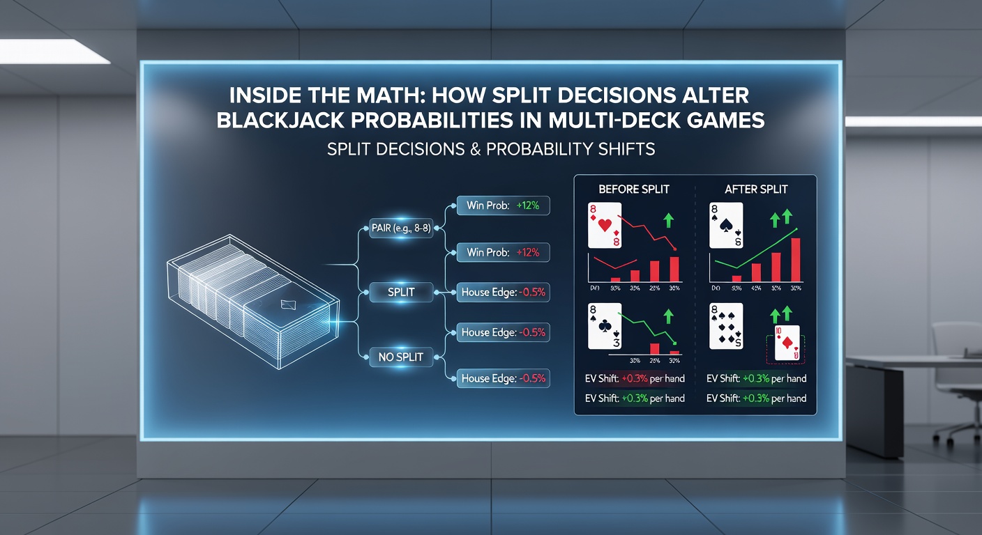 Probability charts and simulation outputs illustrating EV changes after split decisions