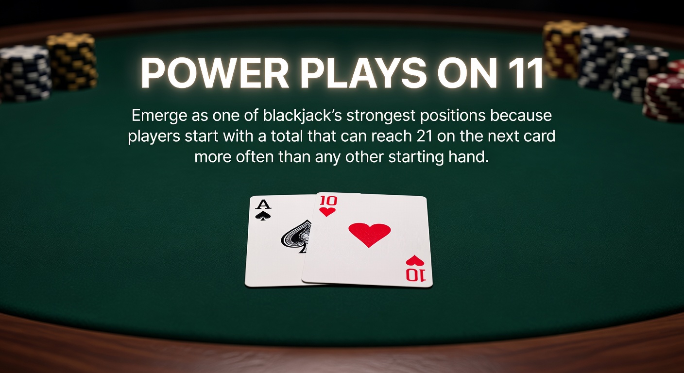 Blackjack table with cards showing a player hand totaling eleven ready for a doubling decision