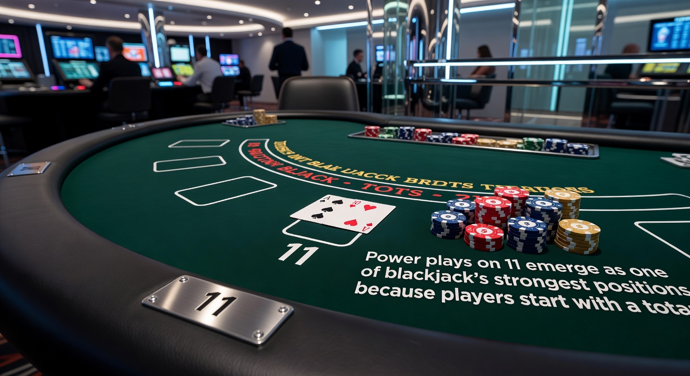 Close-up of blackjack chips and cards during a doubling play on a hand totaling eleven