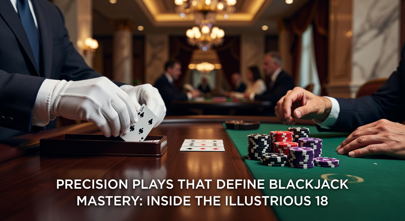 Blackjack table with cards showing key strategy moments, highlighting precise decision points in play