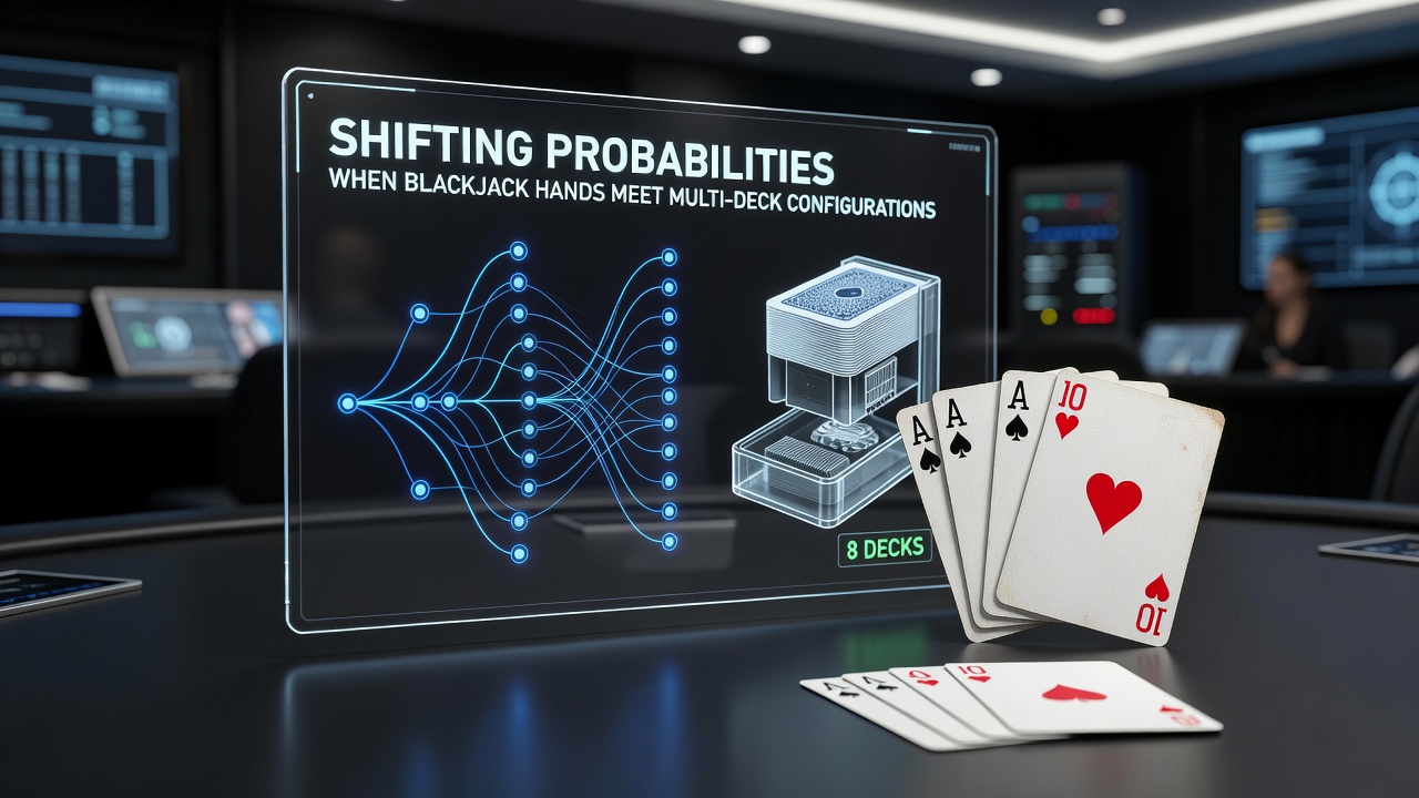 Close-up of blackjack cards and chips illustrating multi-deck shoe mechanics