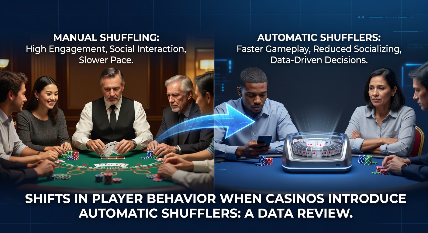 Casino floor with automatic shuffler in use at blackjack table showing player interactions