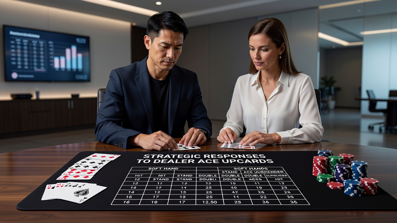 Blackjack table layout showing dealer ace upcard and player hand decisions