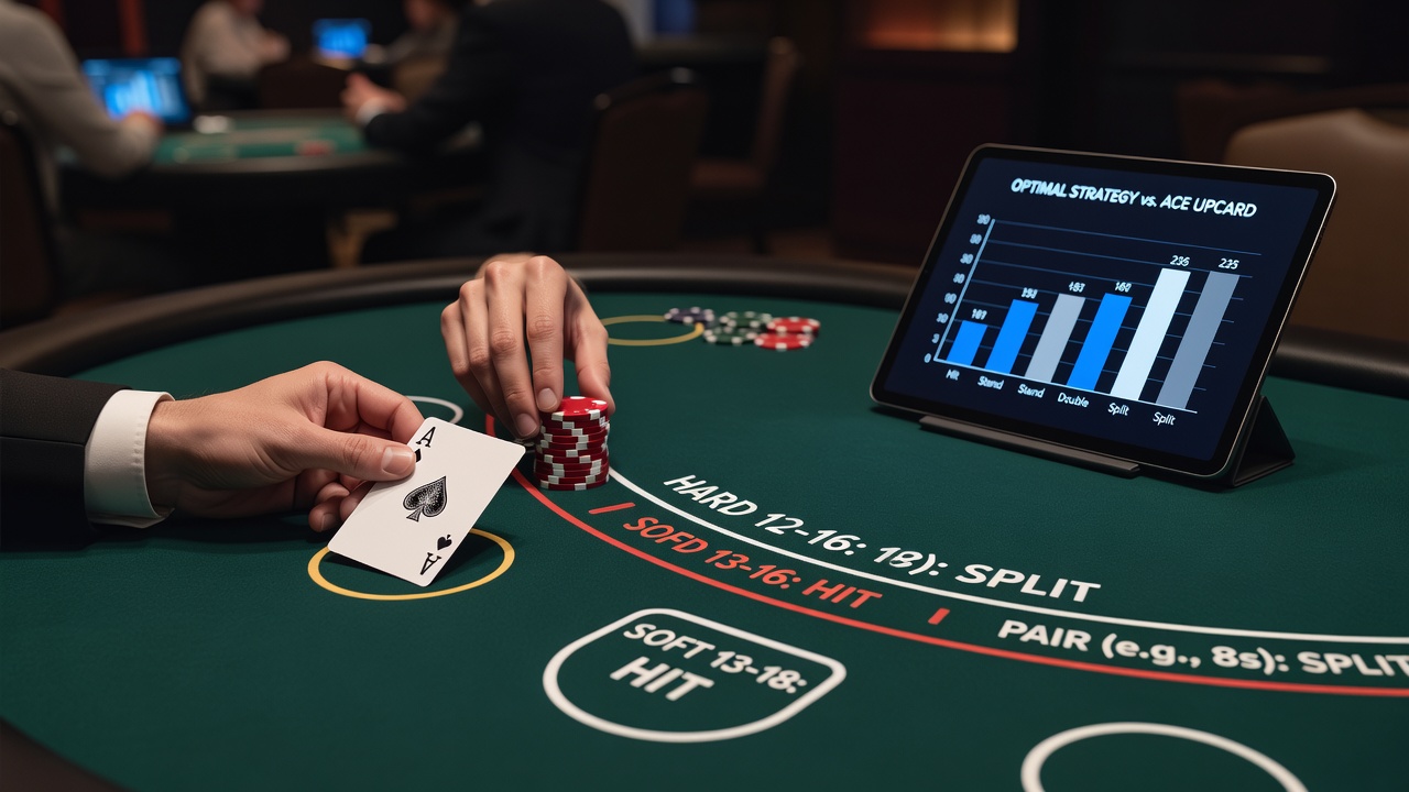 Close-up of blackjack chips and cards illustrating dealer ace scenario