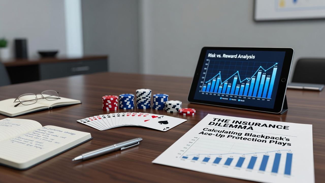 Close-up of blackjack insurance betting area on felt table with chips and cards