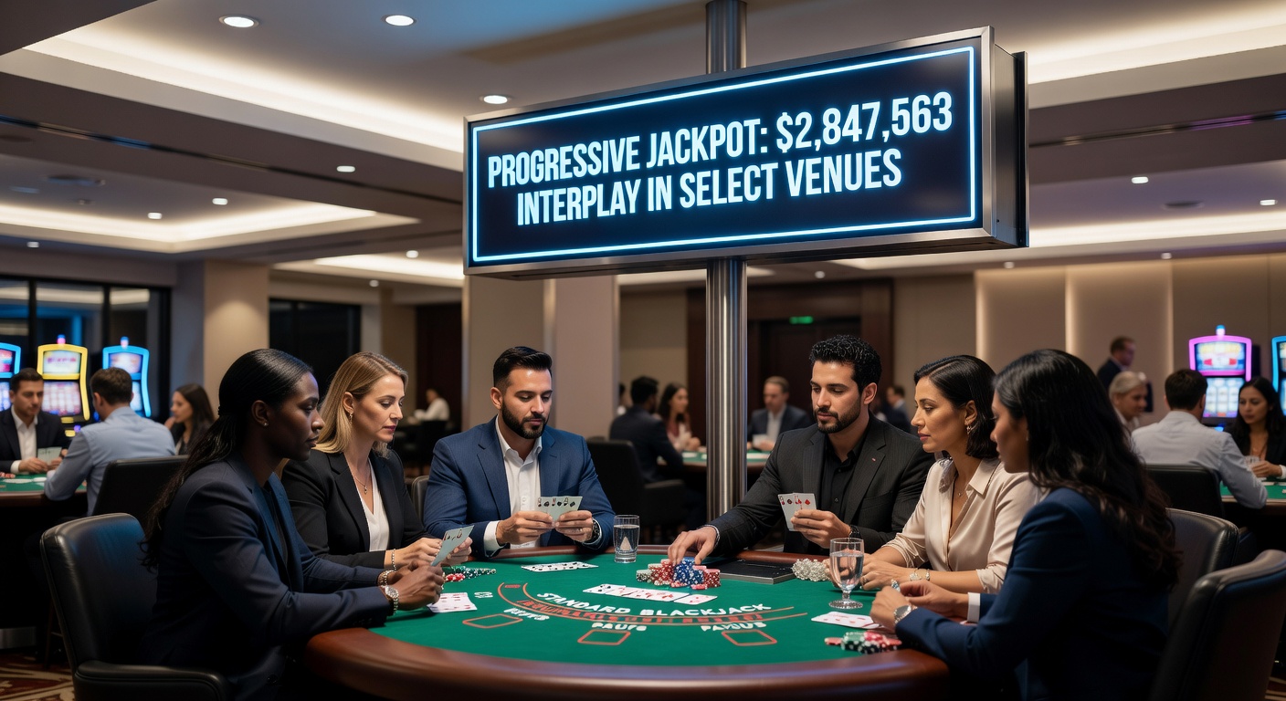 Blackjack table with progressive jackpot display showing growing prize pool in a busy casino venue