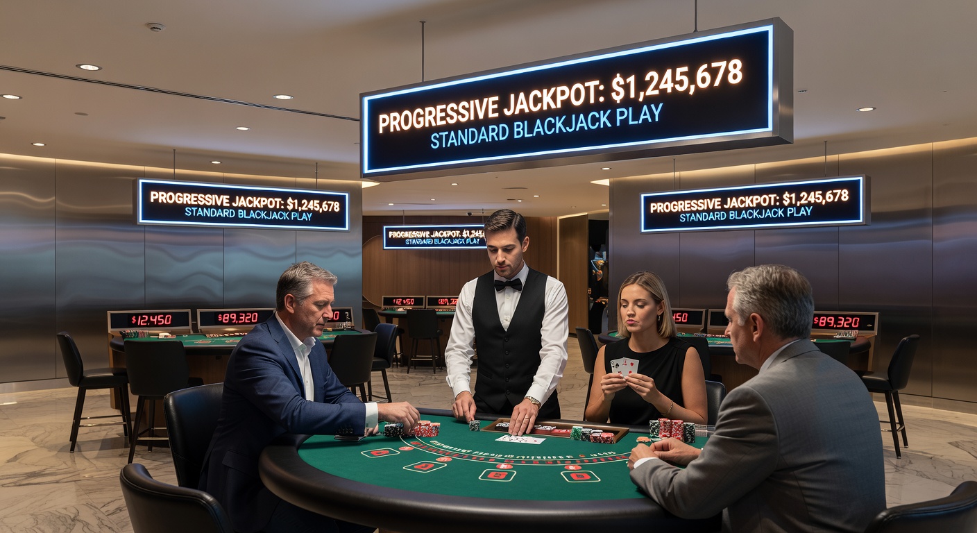 Close-up view of a progressive jackpot meter on a blackjack table with cards and chips in foreground