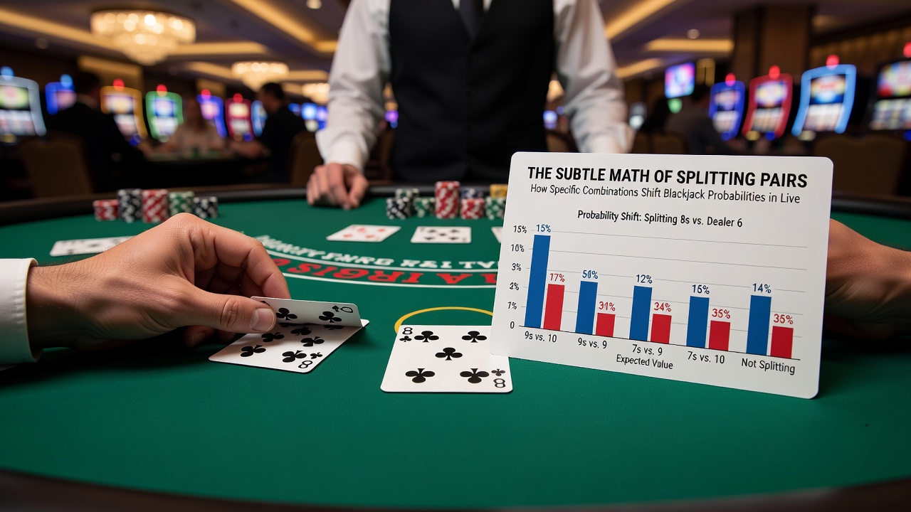 Close-up view of split pairs on a felt blackjack table with chips and dealer shoe