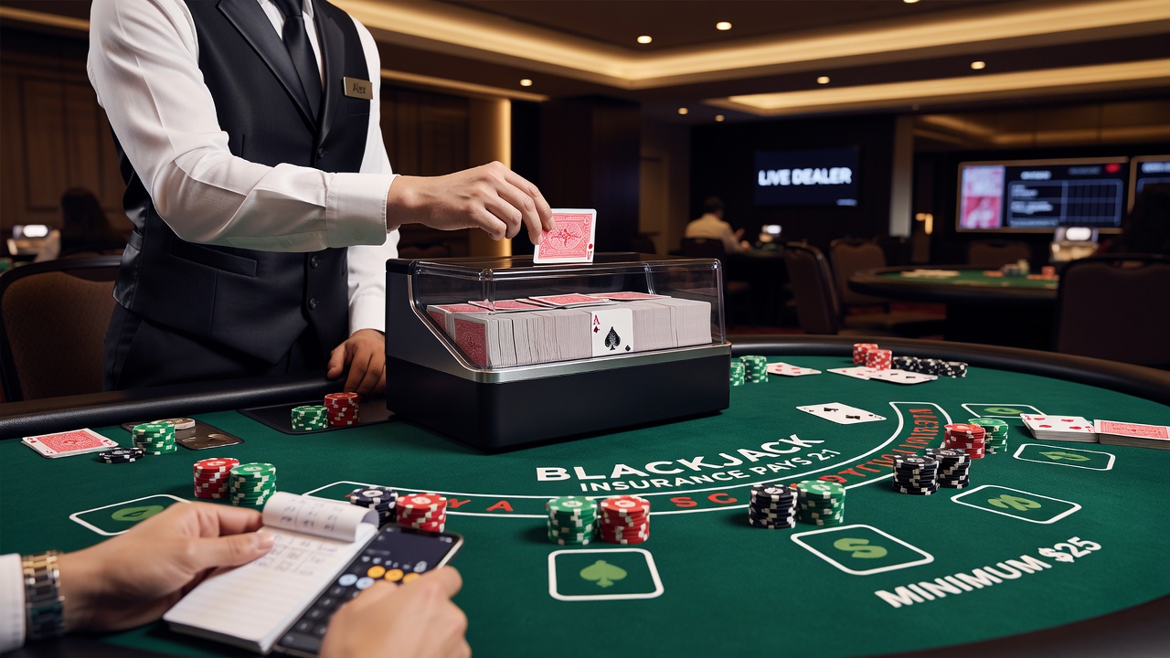 Close-up view of a continuous shuffle machine processing cards with dealer and player hands visible in the background