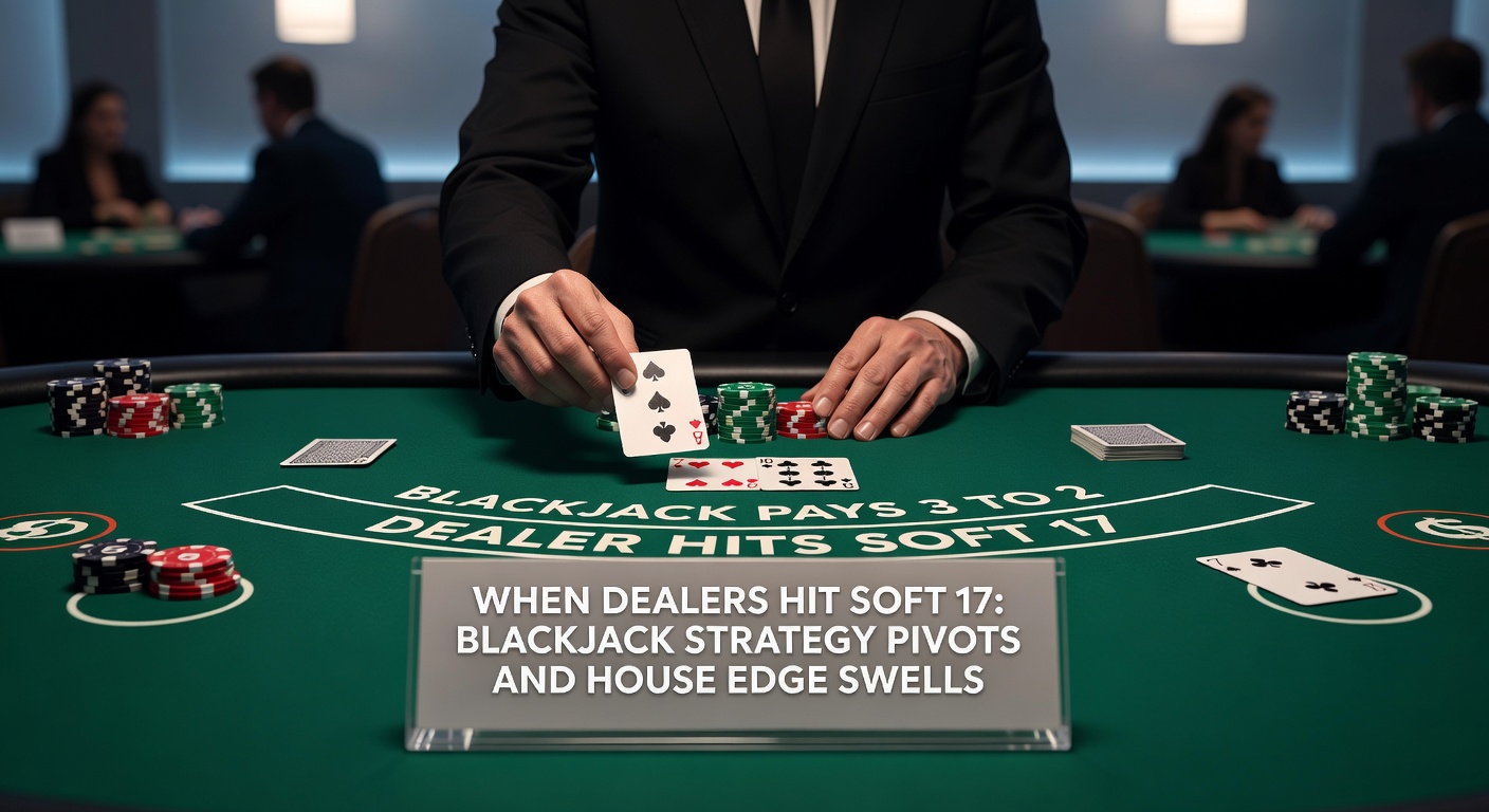 Close-up of a blackjack dealer holding a soft 17 hand, with chips and cards on the green felt table
