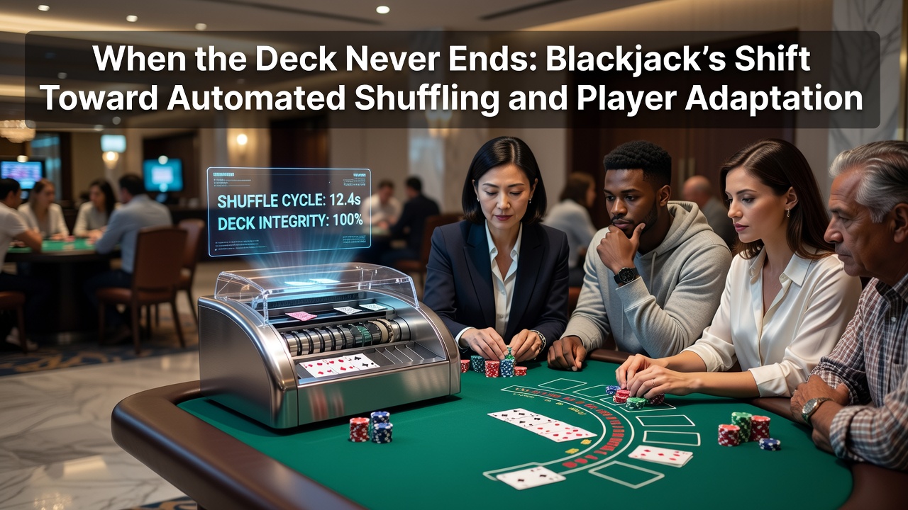 Casino blackjack table with automated shuffling machine in operation, cards being continuously mixed during live play
