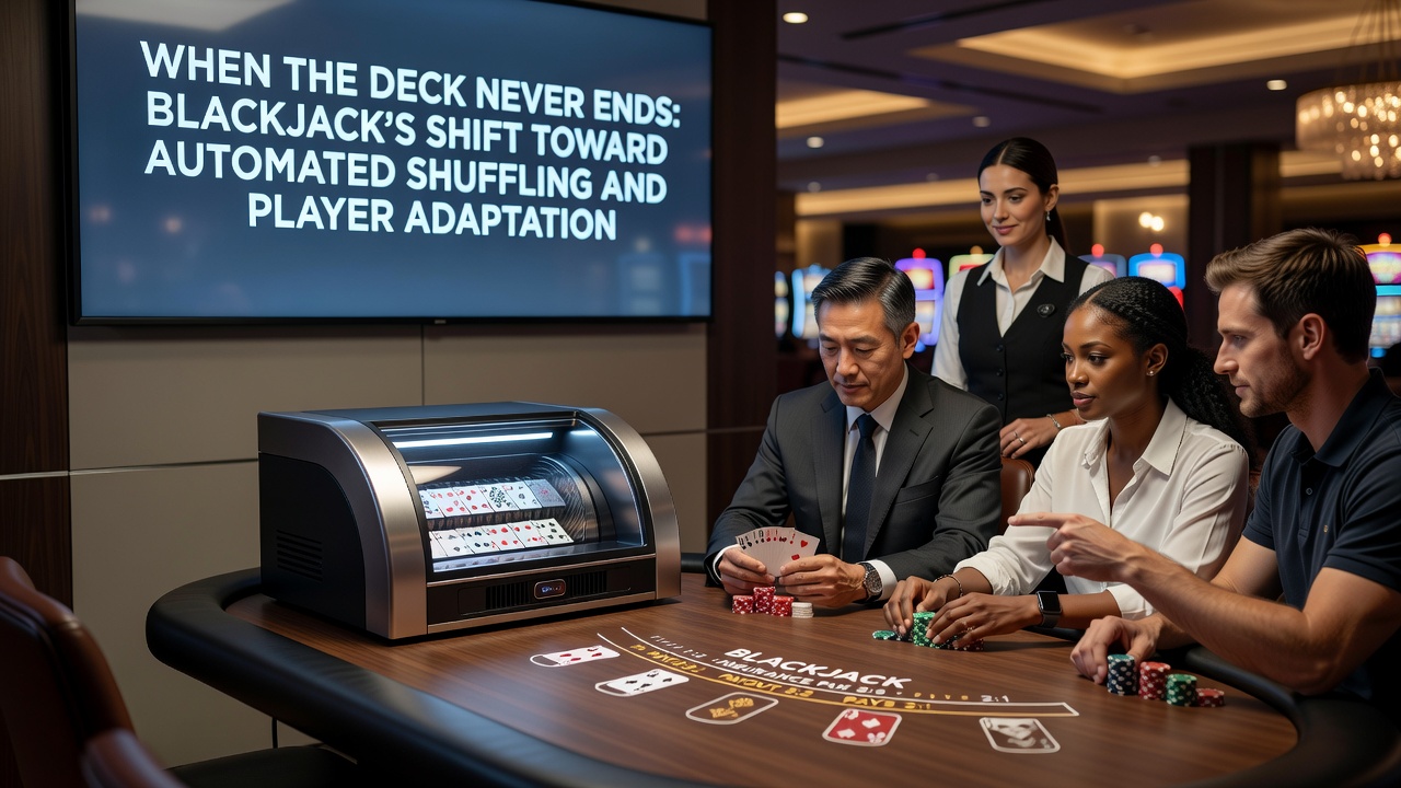 Close-up view of an automated card shuffler installed at a blackjack table, showing cards being fed and mixed
